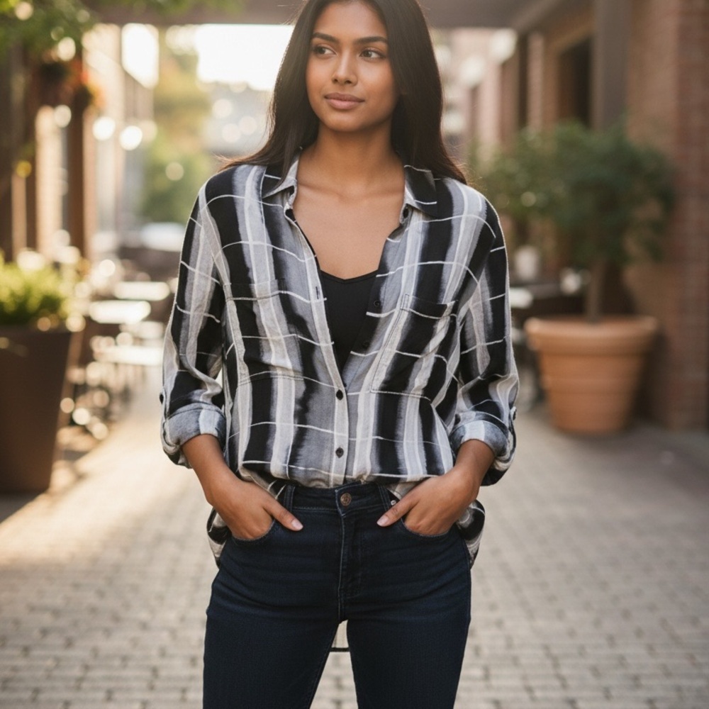 Anthropologie (Cloth & Stone) Black and White Button Down Shirt Size Small